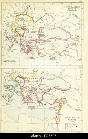 "Die historische Geographie Europas" ist ein zweibändiger Satz, der die geographische Entwicklung Europas im Laufe der Zeit untersucht. Band 1 enthält die Textgeschichte, während Band 2 detaillierte Karten enthält, die die historische Entwicklung europäischer Landschaften, Grenzen und Städte veranschaulichen. Stockfoto