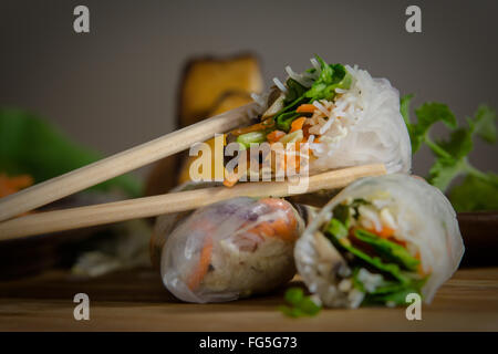 Vietnamesische Sommer rollt mit Reispapier umgeben und mit verschiedenen Gemüse gefüllt. Vegetarisches Essen. Asiatische Küche. Stockfoto