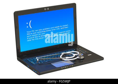 Laptop mit blauer Fehlerbildschirm und Stethoskop Stockfoto