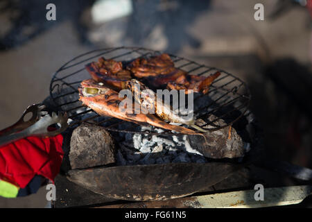 Fisch & Fleisch gekocht wird auf einem Holzkohlegrill innerhalb der CO2-Markt befindet sich im Zentrum von Cebu City, Philippinen Stockfoto