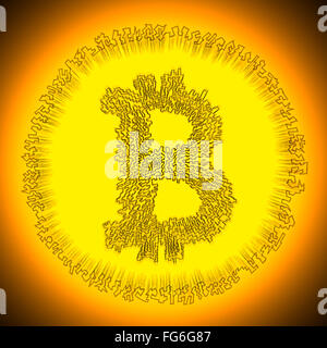 Golden strahlende Bitcoin-Logo. Abbildung eines digitalen dezentrale Krypto Währung Münze. Stockfoto