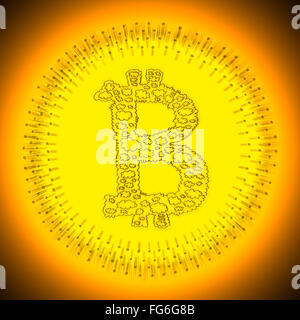 Golden strahlende Kryptowährung Bitcoin Abbildung. Logo eines digitalen dezentrale Krypto Währung Münze. Stockfoto