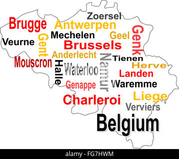 Belgien-Karte und Worte Cloud mit größeren Städten Stockfoto