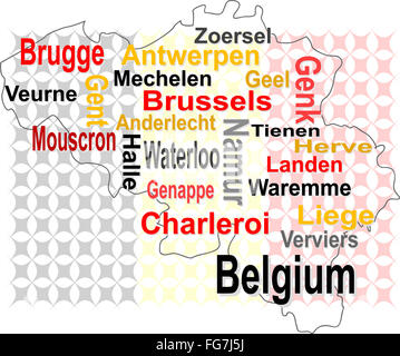 Belgien-Karte und Worte Cloud mit größeren Städten Stockfoto