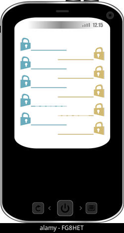 Telefon mit Vorhängeschloss am Display. Mobile Security-Konzept. Isoliert Stockfoto