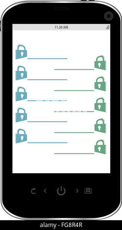 Smartphone mit Vorhängeschloss am Display. Mobile Security-Konzept. Isoliert Stockfoto