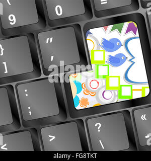 Federelement floralen Design. Vögel, Blumen auf Computer-Tastatur-Taste Stockfoto