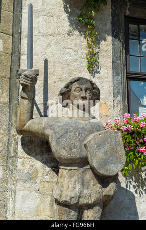 Rathaus, Roland-Statue, Quedlinburg, Harz, Sachsen-Anhalt, Deutschland, UNESCO-Weltkulturerbe Stockfoto