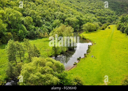 Der Fluss Wye am Monsal Kopf in Derbyshire an einem schönen Sommertag. Ein beliebter Ort im Peak District. Stockfoto