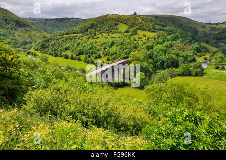 Das Viadukt bei Monsal Kopf im Peak District, Derbyshire an einem Sommertag. Der Fluss Wye fließt. Stockfoto