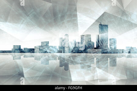 Skyline von abstrakten modernen Stadtbild. Blau getönten 3-d Darstellung mit Reflexion über Boden und chaotischen polygonalen Strukturen Schicht, Stockfoto