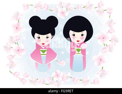 Kokeshi Puppen und Kirschblüten - niedliche Abbildung von zwei Holzpuppen, umrahmt von Kirschblüten Stock Vektor