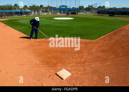 18. Februar 2016 - Port Charlotte, Florida, USA - wird VRAGOVIC |   Times.Groundskeeper Dustin Butterbaugh funktioniert einige Rand auf eines der Praxisfelder in der Tampa Bay Rays Spring Training Anlage in Charlotte Sportpark in Port Charlotte, Florida am Donnerstag, 18. Februar 2016. (Kredit-Bild: © Willen Vragovic/Tampa Bay Mal über ZUMA Draht) Stockfoto