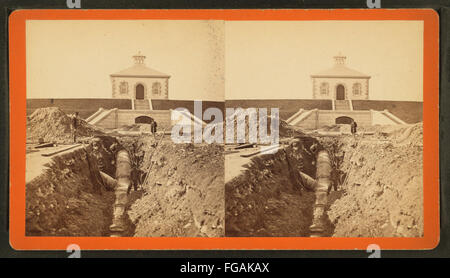 31. Oktober 1877. Ansicht der Verbindung von Sudbury River-Pipeline mit 48 Außenrohr an Abwasser Torhaus Chstnut Hill Reservoir, Blick nach Westen, aus Robert N. Dennis Sammlung von stereoskopischen Ansichten Stockfoto