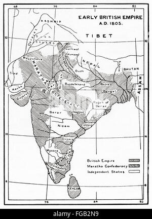 Landkarte von Briten in Indien und Ceylon, 1805 kontrollierte Gebieten. Stockfoto