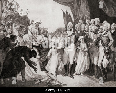 Lord Cornwallis empfangen die Söhne von Tipu Sahib als Geiseln im Jahre 1792.  Charles Cornwallis, 1. Marquess Cornwallis, 1738 – 1805, alias Viscount Brome and The Earl Cornwallis.  Britischer Offizier, Kolonialbeamter, Generalgouverneur von Indien. Stockfoto