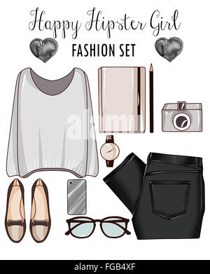 Mode-Damen Kleidung, Accessoires und Schuhe - Mode-ClipArt-Grafik set Stockfoto