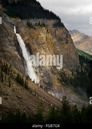 Blick auf gespeisten Wasserfälle an einem bewölkten Tag; Yoho-Nationalpark, in der Nähe von Golden, British Columbia, Kanada Stockfoto