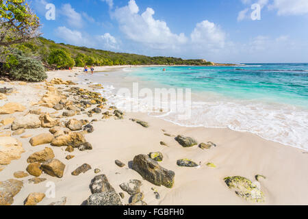 Schöne unberührte, menschenleeren tropischen Sandstrand und das türkisblaue Meer, Half Moon Bay, Antigua, Antigua und Barbuda, West Indies Stockfoto