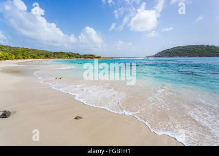 Schöne unberührte, menschenleeren tropischen Sandstrand und das türkisblaue Meer, Half Moon Bay, Antigua, Antigua und Barbuda, West Indies Stockfoto