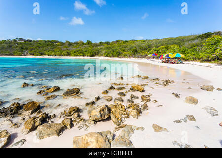 Schöne unberührte, menschenleeren tropischen Sandstrand und das türkisblaue Meer, Half Moon Bay, Antigua, Antigua und Barbuda, West Indies Stockfoto