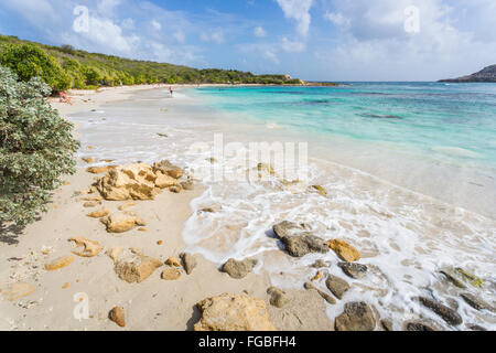 Schöne unberührte, menschenleeren tropischen Sandstrand und das türkisblaue Meer, Half Moon Bay, Antigua, Antigua und Barbuda, West Indies Stockfoto