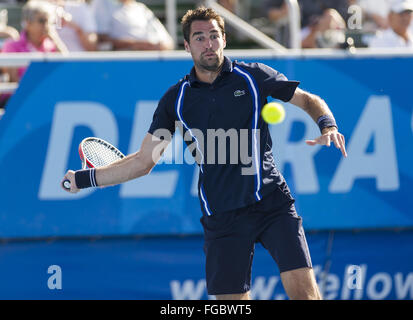 Delray Beach, Florida, USA. 18. Februar 2016. 18. Februar - DELRAY BEACH, FL: Jeremy Chardy(FRA) in Aktion hier besiegt Noah Rubin(USA) 64 62 bei den 2016 Delray Beach Open eine Turnier der ATP Masters 250 Delray Beach Tennis Center in Delray Beach, Florida statt. Bildnachweis: Andrew Patron/Zuma Draht Credit: Andrew Patron/ZUMA Draht/Alamy Live-Nachrichten Stockfoto