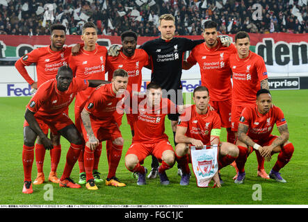 Augsburg, Deutschland. 18. Februar 2016. Liverpool Team Gruppe Line-up (Liverpool) Fußball: UEFA Europa League Runde der 32 1. Bein Match zwischen Borussia FC Augsburg 0-0 Liverpool an WWK ARENA in Augsburg, Deutschland. © Takamoto Tokuhara/AFLO/Alamy Live-Nachrichten Stockfoto