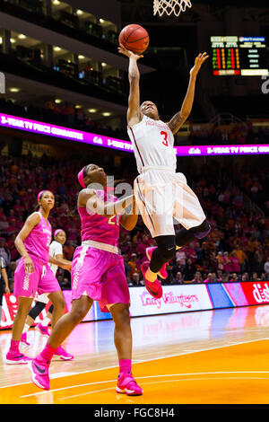 18. Februar 2016: A'Queen Hayes #3 von den Mississippi Rebels schießt den Ball über Te'a Cooper #20 von Tennessee Lady Freiwilligen während der NCAA Basketball-Spiel zwischen der University of Tennessee Lady Freiwilligen und die Universität von Mississippi Rebels in der Thompson-Boling-Arena in Knoxville TN Tim Gangloff/CSM Stockfoto