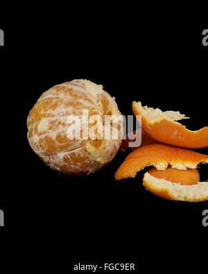 Eine geschälte ganze Marine Orange mit Peelings, citrus X sinensis, auf einem schwarzen Hintergrund. Stockfoto