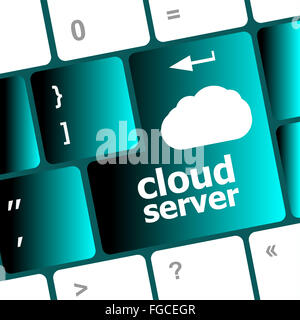 Cloud-Server-Worte-Konzept auf blaue Taste der Tastatur Stockfoto