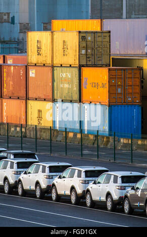 Liverpool, Merseyside, Peel Ports £300 m Tiefseeschifffahrt-Containerterminal, das jetzt die größten Containerschiffe der Welt handhaben kann, und wenn das Liverpool2-Dock in Seaforth voll funktionsfähig ist, wird es in der Lage sein, 95 % der größten Frachtschiffe der Welt abzuwickeln. Wenn Großbritannien für den Austritt aus der EU stimmt, muss es eine neue Handelsbeziehung mit einer jetzt 27-köpfigen Organisation aushandeln. Die EU ist für etwa 50 Cent der britischen Warenexporte und 35 Cent der Dienstleistungsexporte bzw. etwa 12 bis 13 Cent des BIP verantwortlich. Stockfoto