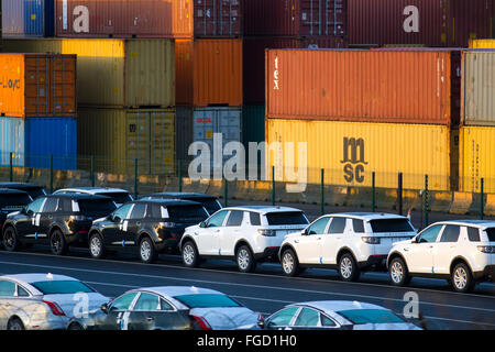 Land Range Rover Fahrzeuge für den Export in Liverpool, Merseyside, Großbritannien. Peel Ports £300 m Tiefwassercontainer-Terminal, das jetzt die größten Containerschiffe der Welt handhaben kann, und wenn das Liverpool2-Dock in Seaforth voll funktionsfähig ist, wird es in der Lage sein, 95 % der größten Frachtschiffe der Welt zu handhaben. Wenn Großbritannien für den Austritt aus der EU stimmt, muss es eine neue Handelsbeziehung mit einer jetzt 27-köpfigen Organisation aushandeln. Die EU ist für etwa 50 Cent britischer Waren verantwortlich. Und Automobilexporte und 35 Cent seiner Dienstleistungsexporte oder etwa 12 bis 13 Cent des BIP. Stockfoto