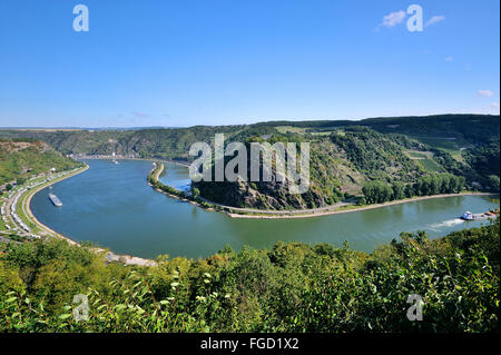 Curvation des Rheins an den Felsen der Loreley, Panorama-Blick von Lorelei, Oberes Mittelrheintal, Deutschland Stockfoto