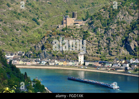 Burg Katz oben am Flussufer des Sankt Goarshausen, Stadt des Rheintals, Oberes Mittelrheintal, Deutschland Stockfoto