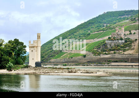 Mäuseturm mit Burg Ehrenfels im Hintergrund, Stadt Bingen, Oberes Mittelrheintal, Deutschland Stockfoto