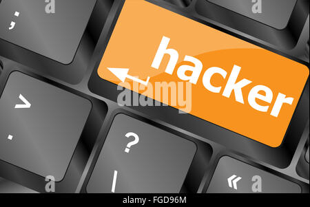 Hacker-Wort über Tastatur, Angriff, Internet-Terrorismus-Konzept Stockfoto