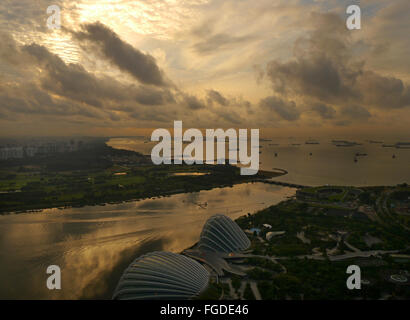 Ein Blick auf die Gardens By The Bay in Singapur bei Sonnenaufgang vom Marina Bay Sands Hotel. Stockfoto