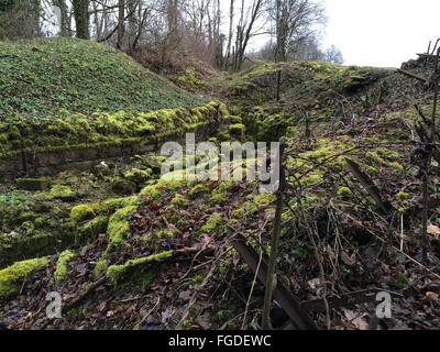 Verdun, Frankreich. 20. Februar 2014. Ansicht von Gräben und Ruinen des französischen Dorfes Vauquois, Qhich wurde im ersten Weltkrieg, in der Nähe von Verdun, Frankreich, 20. Februar 2014 zerstört. Das Dorf wurde durch die Artillerie in der Schlacht um Verdun im Jahre 1915 zerstört. Foto: Gerd Roth/Dpa/Alamy Live News Stockfoto