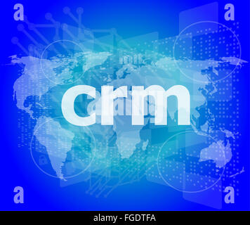 CRM-Wort, touch-Screen mit transparente Buttons Hintergründe. Konzept eines modernen Internet Stockfoto