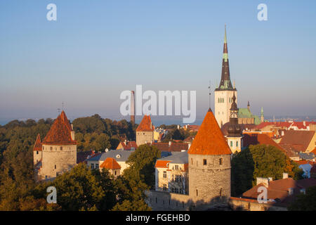 St. Olafs Kirche und Türme der mittelalterlichen Stadtmauer, Tallinn, Estland Stockfoto