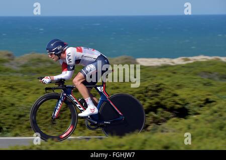 Sagres, Portual. 19. Februar 2016. VANGENECHTEN Jonas (BEL) Fahrer von IAM CYCLING in Aktion während der 3. Etappe des 42. der Algarve-Rundfahrt Radrennen, einem Einzelzeitfahren von 18km mit start und Ziel in Sagres am 19. Februar 2016 in Sagres, Portugal. Bildnachweis: Aktion Plus Sport/Alamy Live-Nachrichten Stockfoto