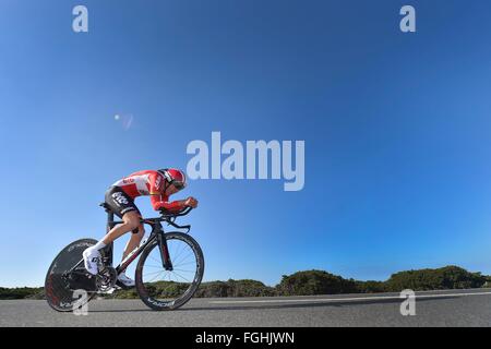 Sagres, Portual. 19. Februar 2016. BENOOT Tiesj (BEL) Fahrer von LOTTO SOUDAL in Aktion während der 3. Etappe des 42. der Algarve-Rundfahrt Radrennen, einem Einzelzeitfahren von 18km mit start und Ziel in Sagres am 19. Februar 2016 in Sagres, Portugal. Bildnachweis: Aktion Plus Sport/Alamy Live-Nachrichten Stockfoto