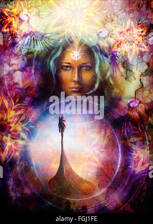 Göttin Frau mit Vogel und orientalische ornamentale Mandala und Farbe Hintergrund. Original Malerei Collage. Augenkontakt Stockfoto