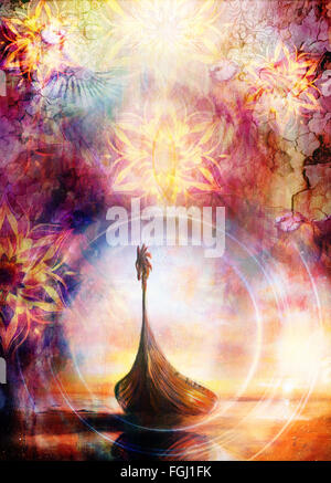 Boot und Vogel mit orientalischen ornamentalen Mandala und Farbe Hintergrund. Original Malerei collage Stockfoto