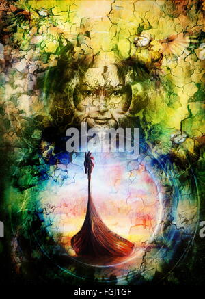 Göttin Frau mit Vogel und orientalische ornamentale Mandala und Farbe Hintergrund. Original Malerei Collage. Augenkontakt Stockfoto