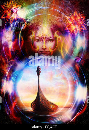 Göttin Frau mit Vogel und orientalische ornamentale Mandala und Farbe Hintergrund. Original Malerei Collage. Augenkontakt Stockfoto
