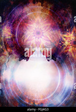 Raum und Sterne mit orientalischer ornamentale Mandala. abstrakte Hintergrundfarbe mit Flecken. Textfreiraum Stockfoto