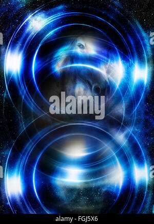 Pferd im Raum, im Kreis Licht. Spiegel auf dem Planeten Erde. Tier-Konzept, Winter-Effekt und blaue Farbe Stockfoto