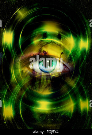 Frau Auge und kosmischen Raum mit hellen Kreis Stockfoto